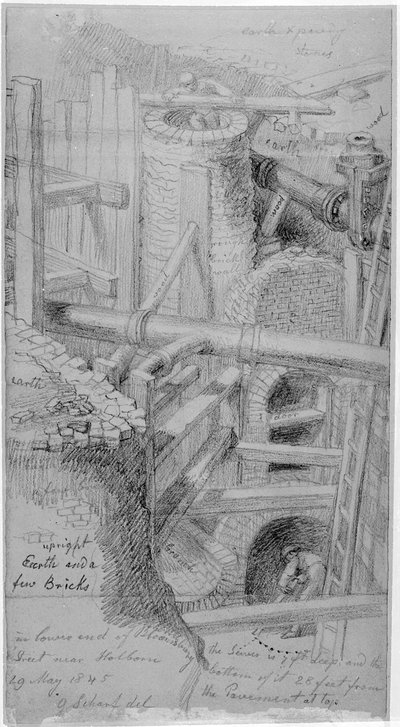 Construcción de alcantarillado en Bloomsbury, Londres, 1845 de George Snr Scharf